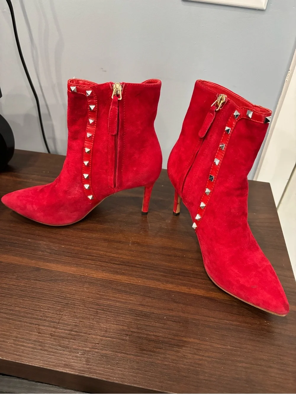 Valentino Garavani Red Suede Pyramid-Stud Ankle Boots